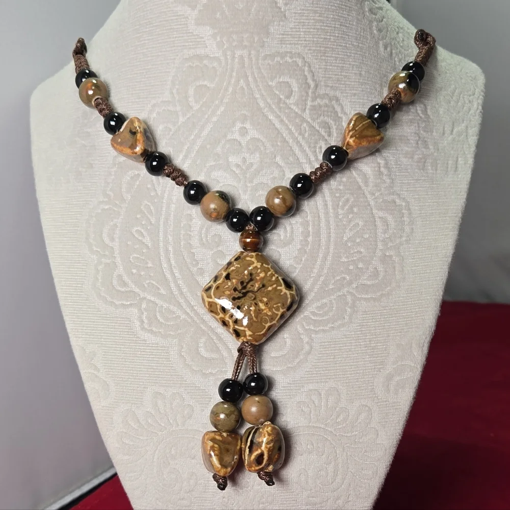 Bohemian Long Natural Stone Tassel Necklace Adjustable Multi-Layer Leather Cords
